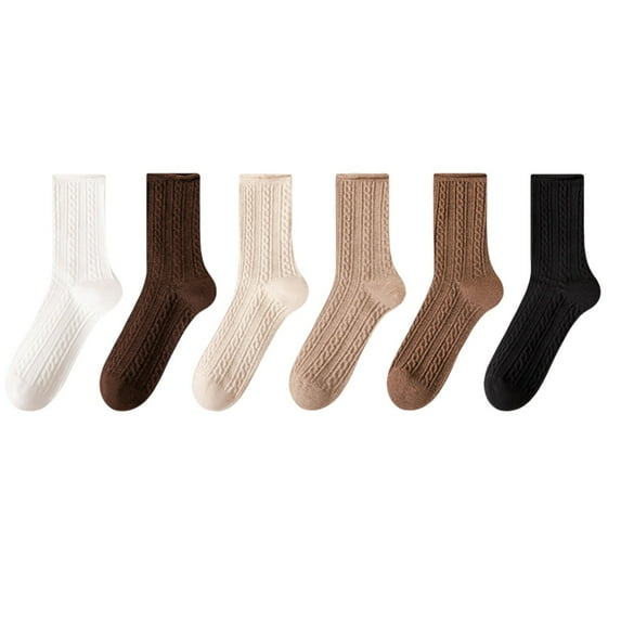 ShomPort 6PC Womens Crew Socks Cable Knit Mid Calf Cotton Slouchy Solid Color Stretchy Soft Sleep Cozy Daily Boot Socks