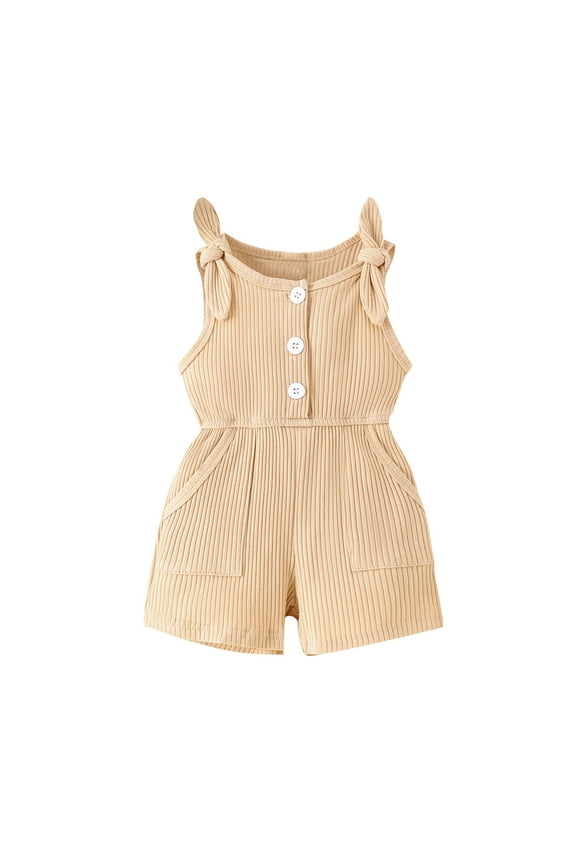 Baby Cute Summer Jumpsuits for Girls Kids Lace-Up Adjustable Cotton Button Down Rompers with Pockets