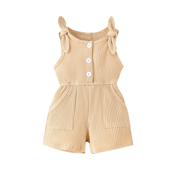 ShomPort Baby Cute Summer Jumpsuits for Girls Kids Lace-Up Adjustable Cotton Button Down Rompers with Pockets