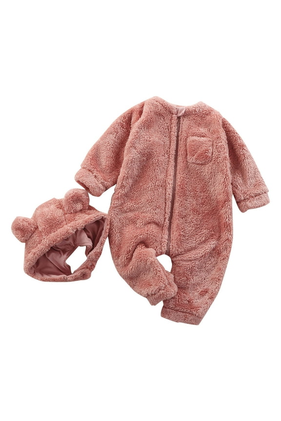 Baby Fleece Jumpsuits Set Infant Warm Snowsuit With Hat Newborn Solid Color Romper Warm Coat
