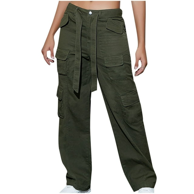 ShomPort Baggy Cargo Pants for Women Drawstring Elastic High Waist Cargo Pants Multiple Pockets Jogger Pants