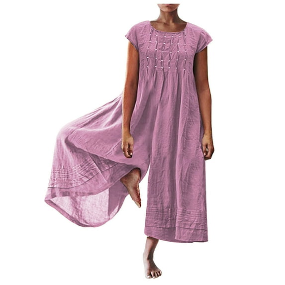 ShomPort Baggy Cotton Linen Jumpsuit for Women Summer Lapel Short Sleeve Wide Leg Breathable Rompers