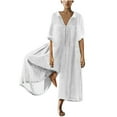 thumbnail image 1 of ShomPort Baggy Cotton Linen Jumpsuit for Women Summer Lapel Short Sleeve Wide Leg Breathable Rompers, 1 of 6
