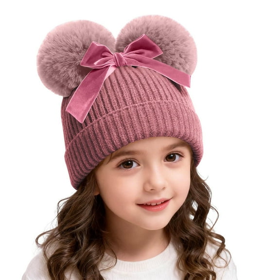 ShomPort Beanies Caps for Little Girls Ribbed Double Pompom Bow Knot Cotton Cute Hats Ear-Covering Soft Cozy Kids Clothes