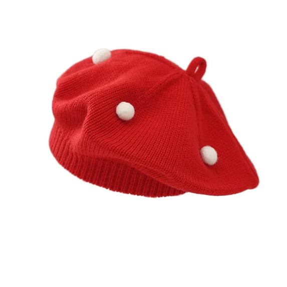 ShomPort Beret Caps for Little Girls Elastic Ribbed Cotton Cozy Solid Color Hats Artist Outdoor Beanies with Pompom