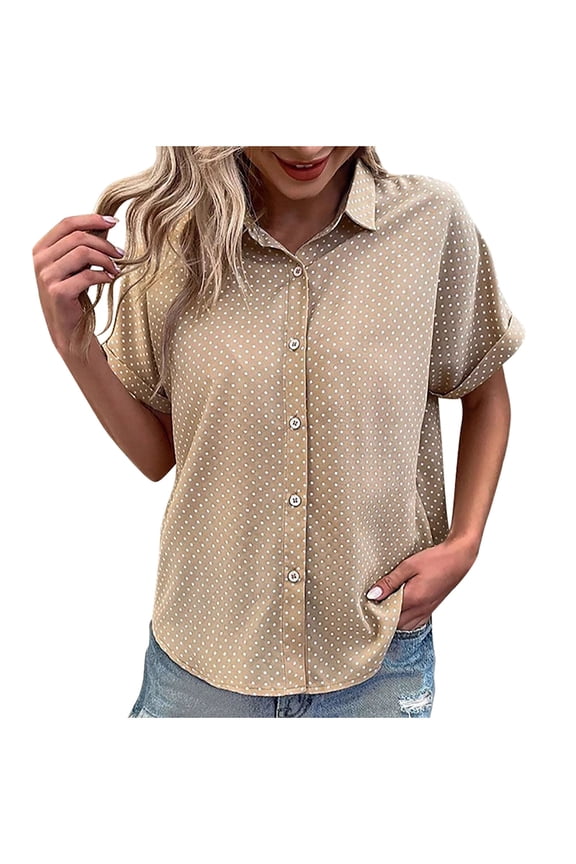 Blouses for Womens Polka Dot Lapel Short Sleeve Button Down Lightweight Shirts Comfy Outdoor Vacation Summer Dailywear