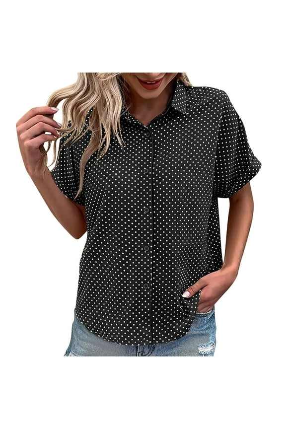 Blouses for Womens Polka Dot Lapel Short Sleeve Button Down Lightweight Shirts Comfy Outdoor Vacation Summer Dailywear