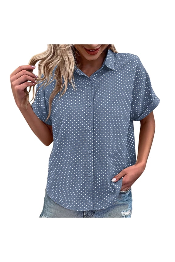 Blouses for Womens Polka Dot Lapel Short Sleeve Button Down Lightweight Shirts Comfy Outdoor Vacation Summer Dailywear