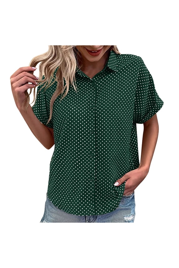 Blouses for Womens Polka Dot Lapel Short Sleeve Button Down Lightweight Shirts Comfy Outdoor Vacation Summer Dailywear