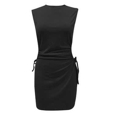 ShomPort Bodycon Dress for Women Drawstring Ruched Mini Dress Sleeveless Round Neck Summer Dresses