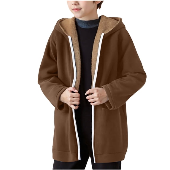 ShomPort Boys Fleece Lined Coat Zip up Mid Length Hooded Jackets Warm Casual Solid Color Daily Outwear