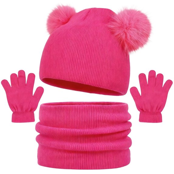 ShomPort Boys Girls 3PC Set Ribbed Fleece Pompom Beanies Stretchy Gloves Neck Warmer Solid Color Cozy Soft Lightweight Outfits