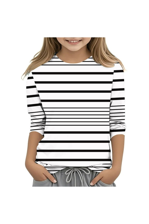 Boys Girls T-Shirts 3/4 Sleeve Stripe Pattern Round Collared Lightweight Undershirt Cozy Soft Pullover Basic Layer Tees Tops