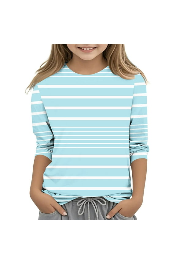 Boys Girls T-Shirts 3/4 Sleeve Stripe Pattern Round Collared Lightweight Undershirt Cozy Soft Pullover Basic Layer Tees Tops