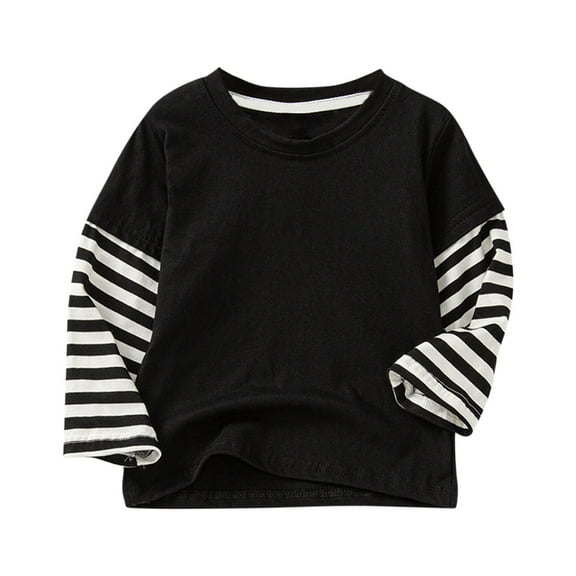 ShomPort Boys Girls T-Shirts Round Collared Long Sleeve Patchwork Stripe Pattern T-Shirts Lightweight Double Layer Look Undershirt