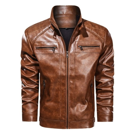 ShomPort Brown Leather Jacket Casual Full Zip Up Jackets Lightweight Windbreaker Motorcycle Biker Outwear Coat
