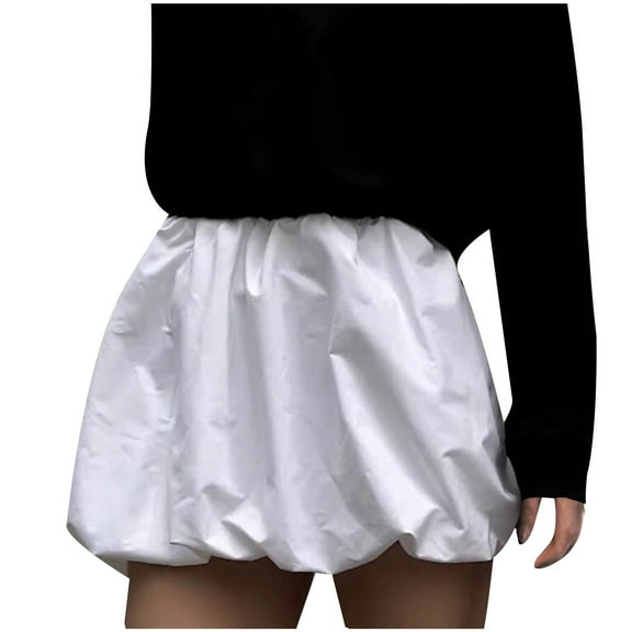 ShomPort Bubble Mini Skirt for Women Elastic Waist Pleated A-Line Skirt Ruffle Hem Flared Skirts