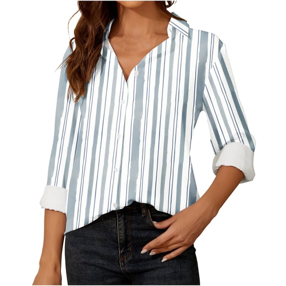 ShomPort Button Down Shirts For Women Striped Classic Long Sleeve Collared Office Work Blouses Tops (Gray 15)