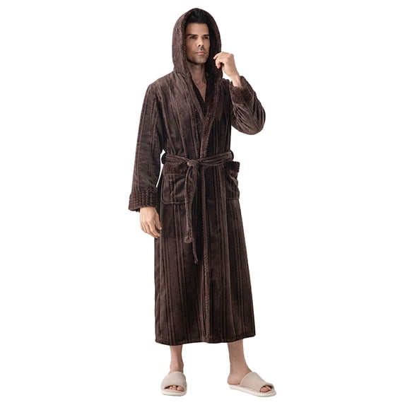 ShomPort Cable Knit Bathrobes for Mens Fleece Long Sleeve Tie Front Solid Color Sleepwear Winter Winter Warm Robes with Pockets