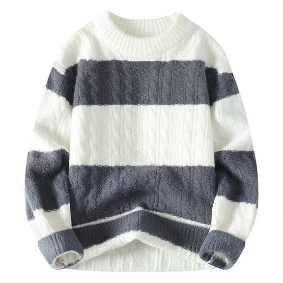 ShomPort Cable Knit Sweaters for Mens Round Collared Long Sleeve Color Block Elastic Soft Blouses Comfort Winter Trendy Streetwear