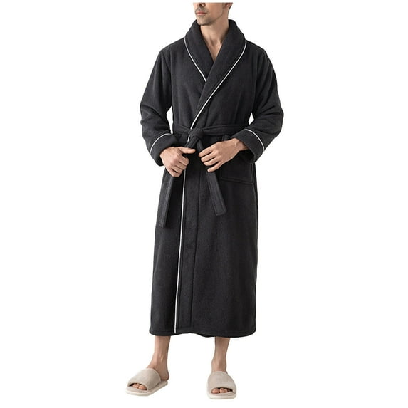 ShomPort Calf Length Robes for Mens Tie Long Sleeve Shawl Collared Bathrobes with Pockets Cozy Warm Solid Color Daily Loungewear