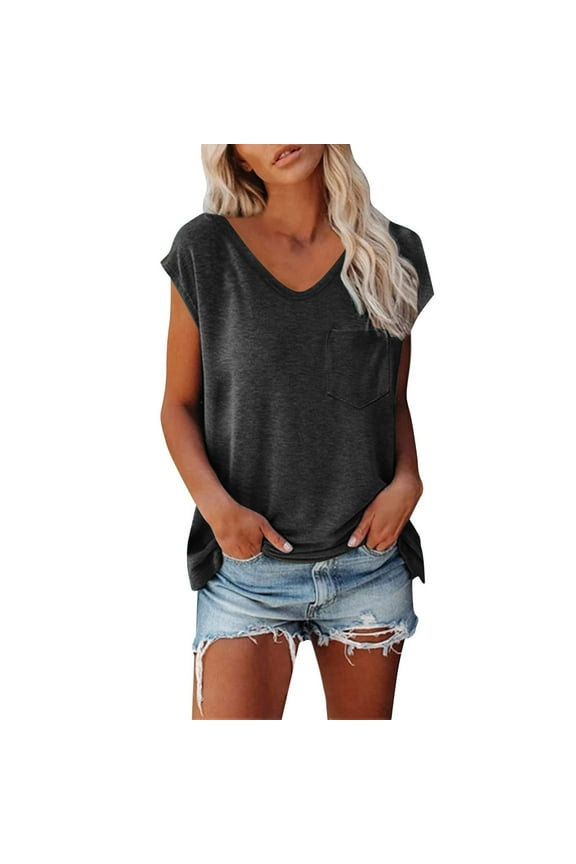 Cap Sleeve Tops for Women Summer V Neck Casual Loose Shirts Cute Basic Solid Color Workout Tees