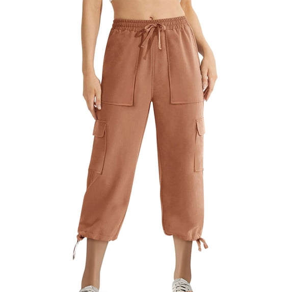 ShomPort Capri Cargo Pants for Women Summer Casual Drawstring Elastic Waist Cinch Bottom Wide Leg Pants with Pockets