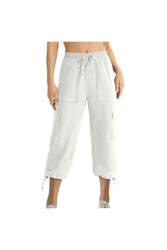 Capri Cargo Pants for Women Summer Casual Drawstring Elastic Waist Cinch Bottom Wide Leg Pants with Pockets