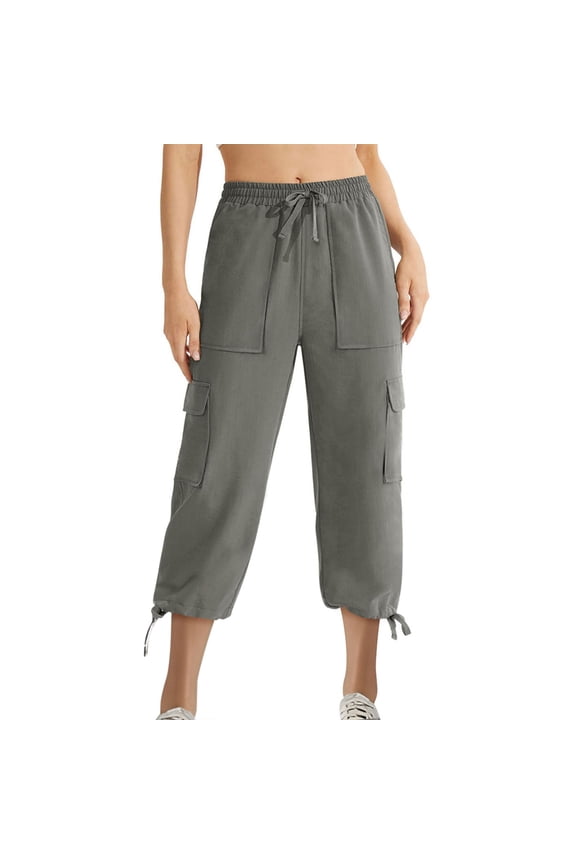 Capri Cargo Pants for Women Summer Casual Drawstring Elastic Waist Cinch Bottom Wide Leg Pants with Pockets