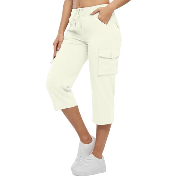 ShomPort Capri Cargo Pants for Women Summer Drawstring Elastic Waist Straight Hiking Workout Pants with Pockets