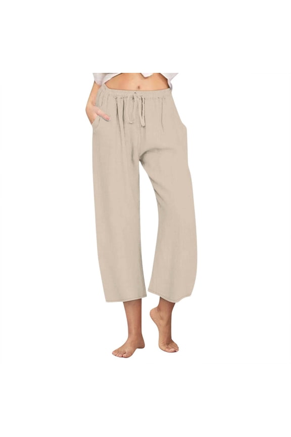 Capri Cotton Linen Pants with Pockets for Women Summer Casual Drawstring Elastic Waist Wide Leg Capris