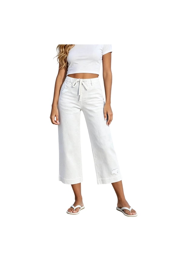 Capri Jeans for Women Straight Loose Leg Cropped Drawstring Waist Bell Bottom Dressy Cropped Denim Pants