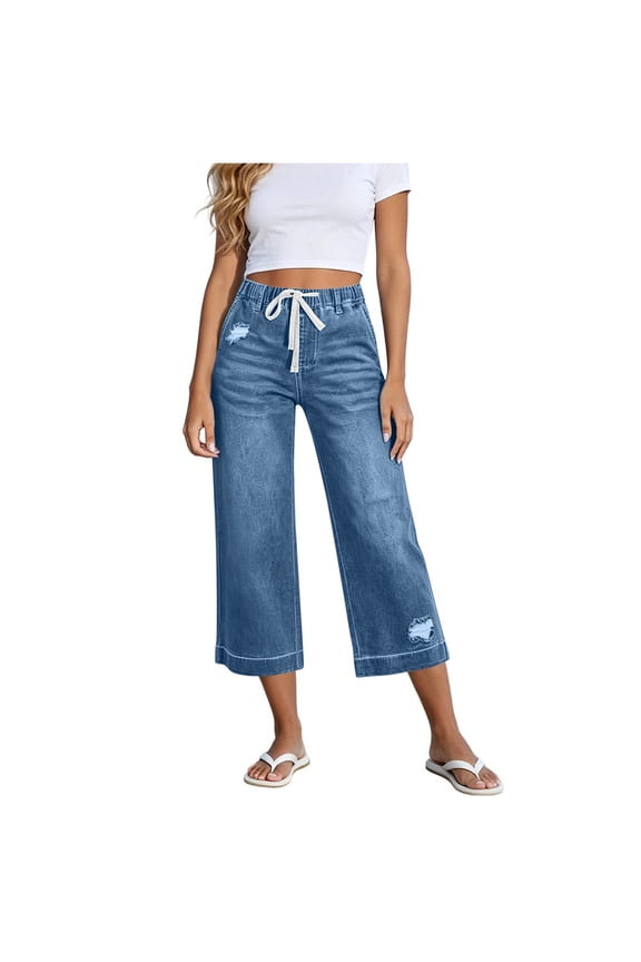 Capri Jeans for Women Straight Loose Leg Cropped Drawstring Waist Bell Bottom Dressy Cropped Denim Pants