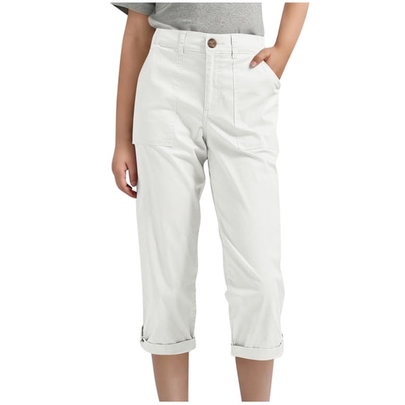 ShomPort Capri Pants for Girls Dressy Button Waist Pockets Everyday Summer Straight Leg Capris 4-15 Years