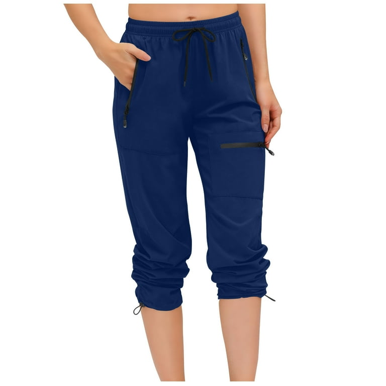 ShomPort Capri Pants for Women Athletic Hiking Zipper Pocket Sweatpants  Workout Drawstring Bottoms Pants 