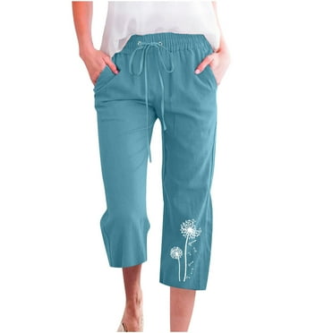 ShomPort Capri Pants for Women Casual Cotton Linen Drawstring Elastic Waist Pants Print Straight Pants with Pockets