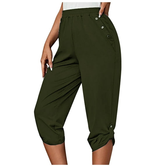 ShomPort Capri Pants for Women Elastic High Waist Wide Leg Summer Beach Lounge Cropped Trousers with Pockets (Army Green 27)