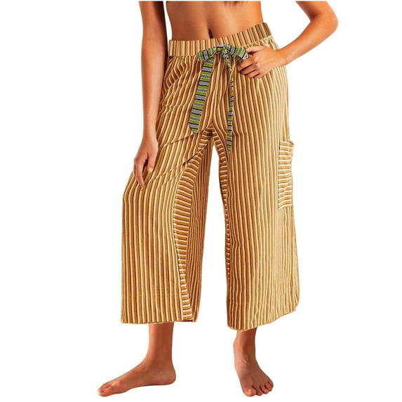 ShomPort Capri Wide Leg Pants for Women Summer Boho Striped Capris Drawstring Pockets Casual Pants