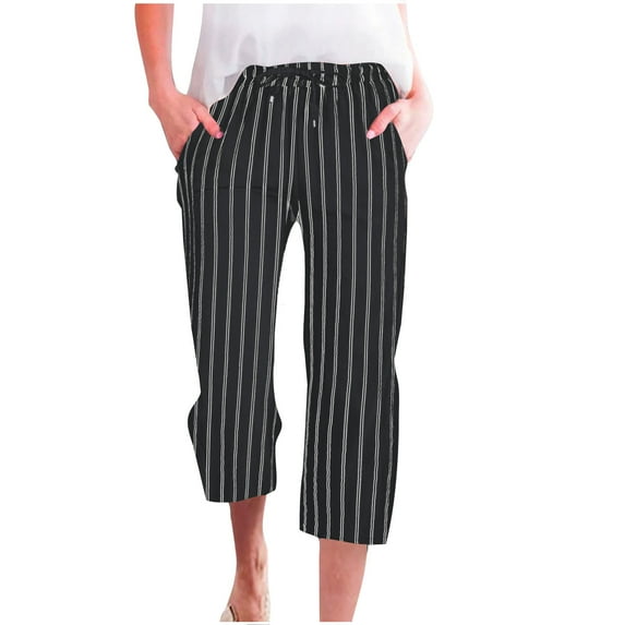 ShomPort Capri for Women Casual Striped Capris Drawstring Elastic Waist Cropped Pants with Pockets