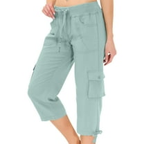 ShomPort Capris For Women Cargo Pocket Elastic Capri Pants With Waist Drawstring Adjustable Hem Trendy Solid Color Cropped Trousers