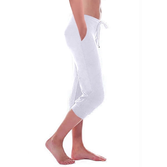 ShomPort Capris Pants for Women Drawstring Low Waisted Workout Sweatpants Summer Fall Comfy Trousers with Pockets (White 2)