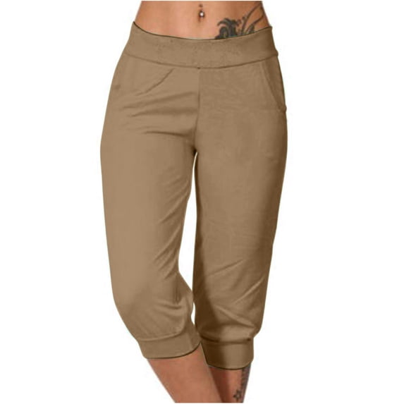ShomPort Capris Pants for Womens High Waisted Solid Color Cuffed Pants Soft Summer Workout Hiking Camping Daily Trousers