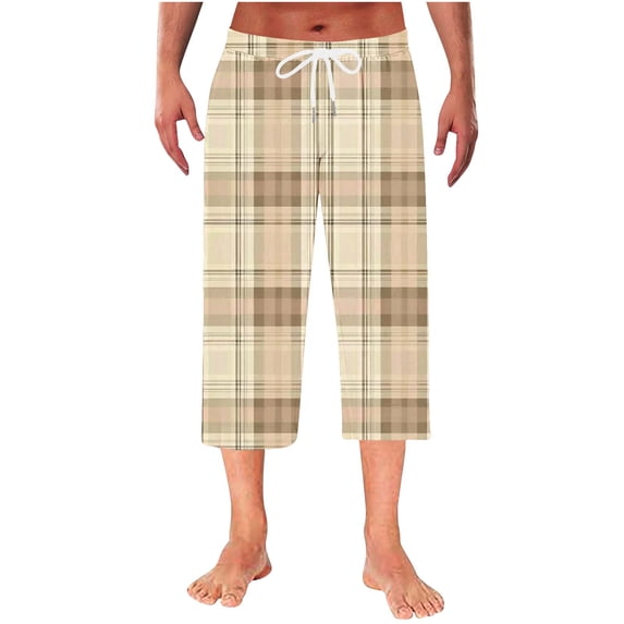 ShomPort Capris for Mens Drawstring Plaid Pattern Elastic Waist Loose Cropped Pants Outdoor Casual Homewear with Pockets