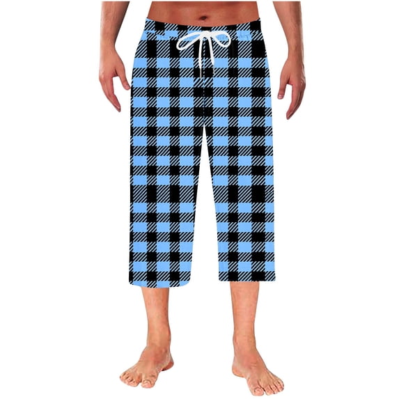 ShomPort Capris for Mens Drawstring Plaid Pattern Elastic Waist Loose Cropped Pants Outdoor Casual Homewear with Pockets