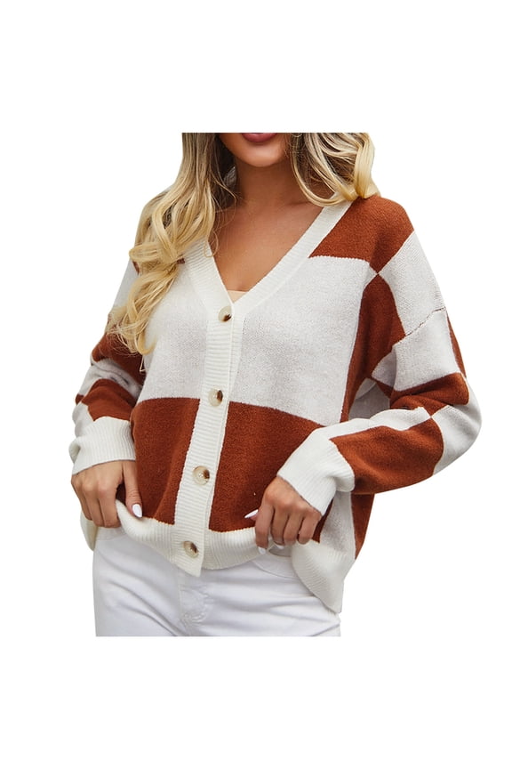 Cardigan Sweaters for Women Patchwork V Neck Button down Soft Knitted Sweater Coat