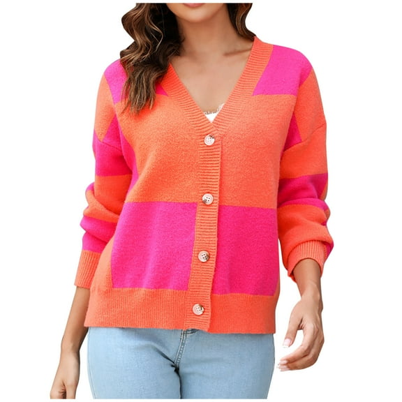 ShomPort Cardigan Sweaters for Women Patchwork V Neck Button down Soft Knitted Sweater Coat