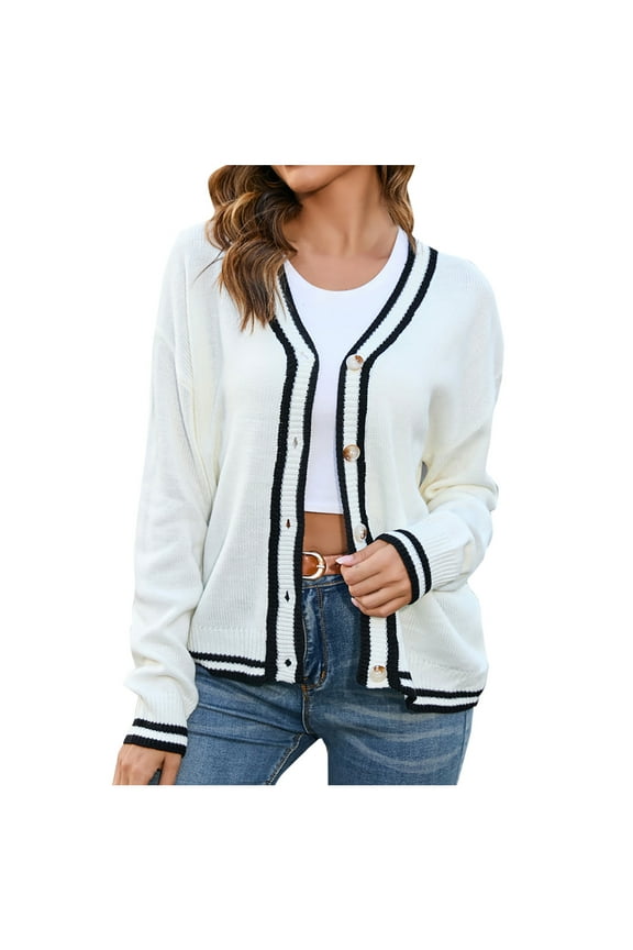 Cardigan Sweaters for Women Striped Button down Striped Tops Long Sleeve Knit Casual Outwear Coat