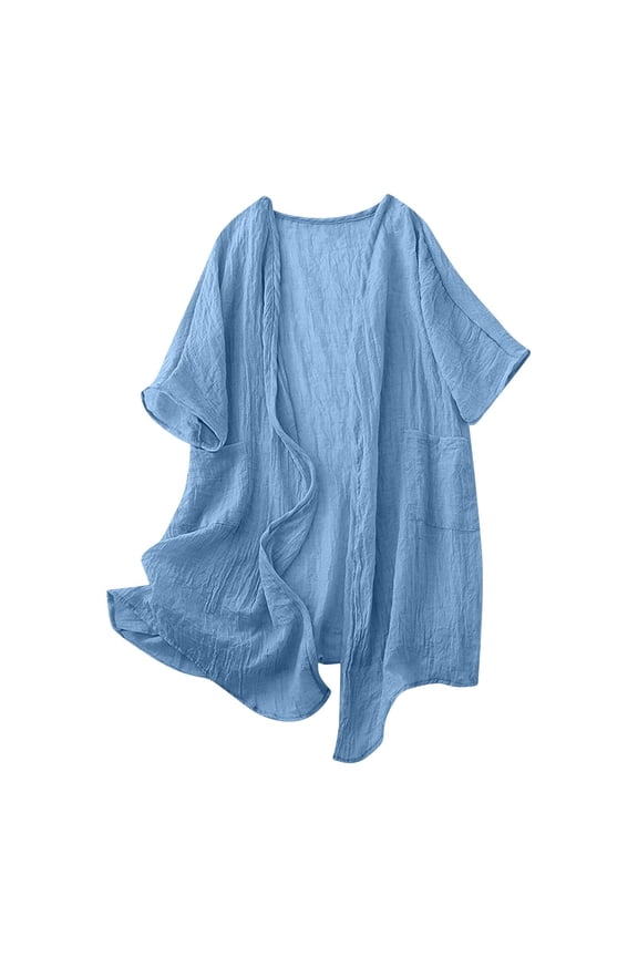 Cardigan for Women Lightweight Half Sleeve Linen Long Open Front Blouses with Pocket Loose Casual Plain Basic Tops