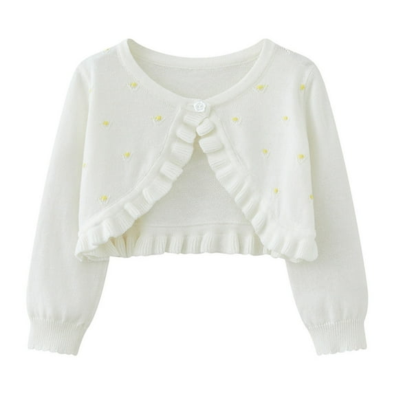 ShomPort Cardigans for Girls Crewneck Knitted Long Sleeve Polka Dot Printed Open Front Button Ruffle Coat Cute Daily Sweater