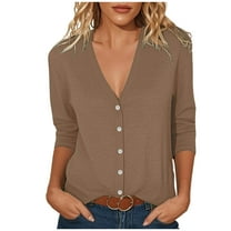 ShomPort Cardigans for Women 3/4 Sleeve Button up V Neck Tops Loose Breathable Casual Everyday Basic Shirts